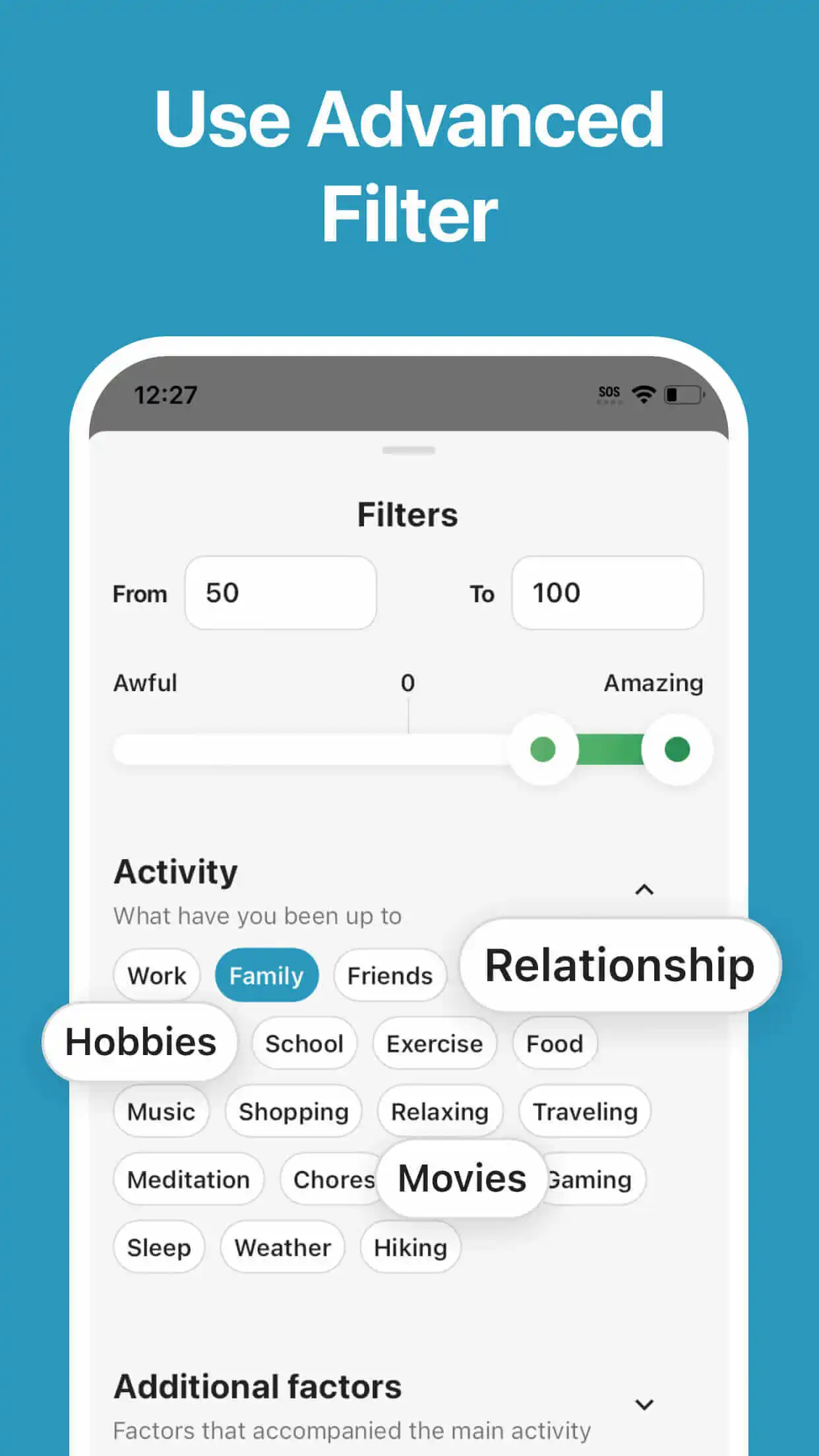 Emotly Filters screen with score range and activity filters